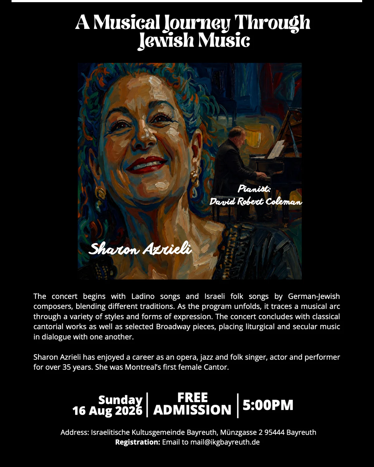 Concert poster — A Musical Journey Through Jewish Music, Sharon Azrieli with pianist David Robert Coleman, Bayreuth, 16 August 2026