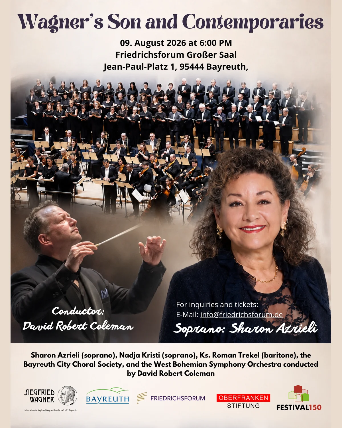 Concert poster — Wagner's Son and Contemporaries, Sharon Azrieli (soprano) with the West Bohemian Symphony Orchestra conducted by David Robert Coleman, Friedrichsforum Bayreuth, 9 August 2026